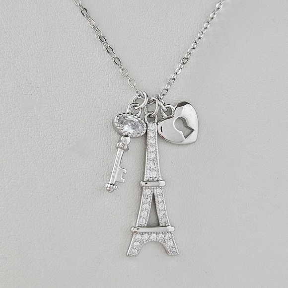 Paris Eiffel Tower Love Lock and Key Necklace, 925 Sterling Silver - Picture 4 of 9